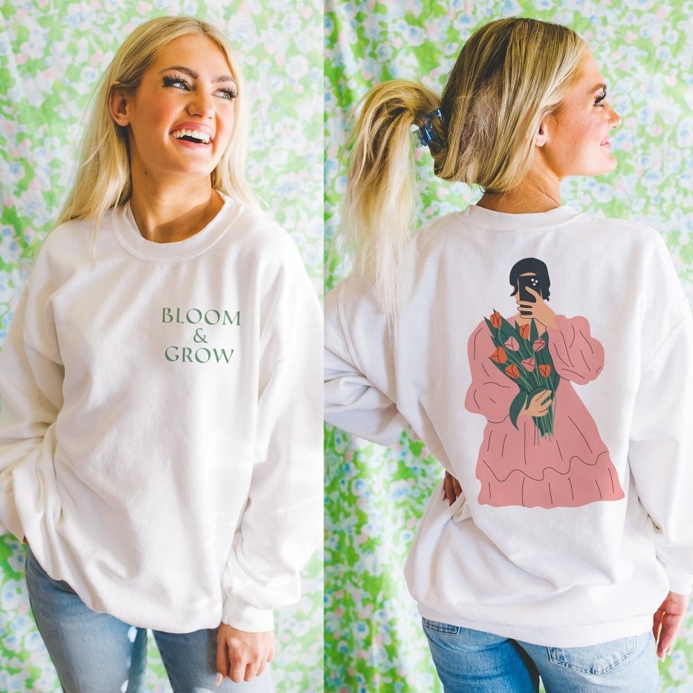 Green Bloom and Grow Floral White Sweatshirt